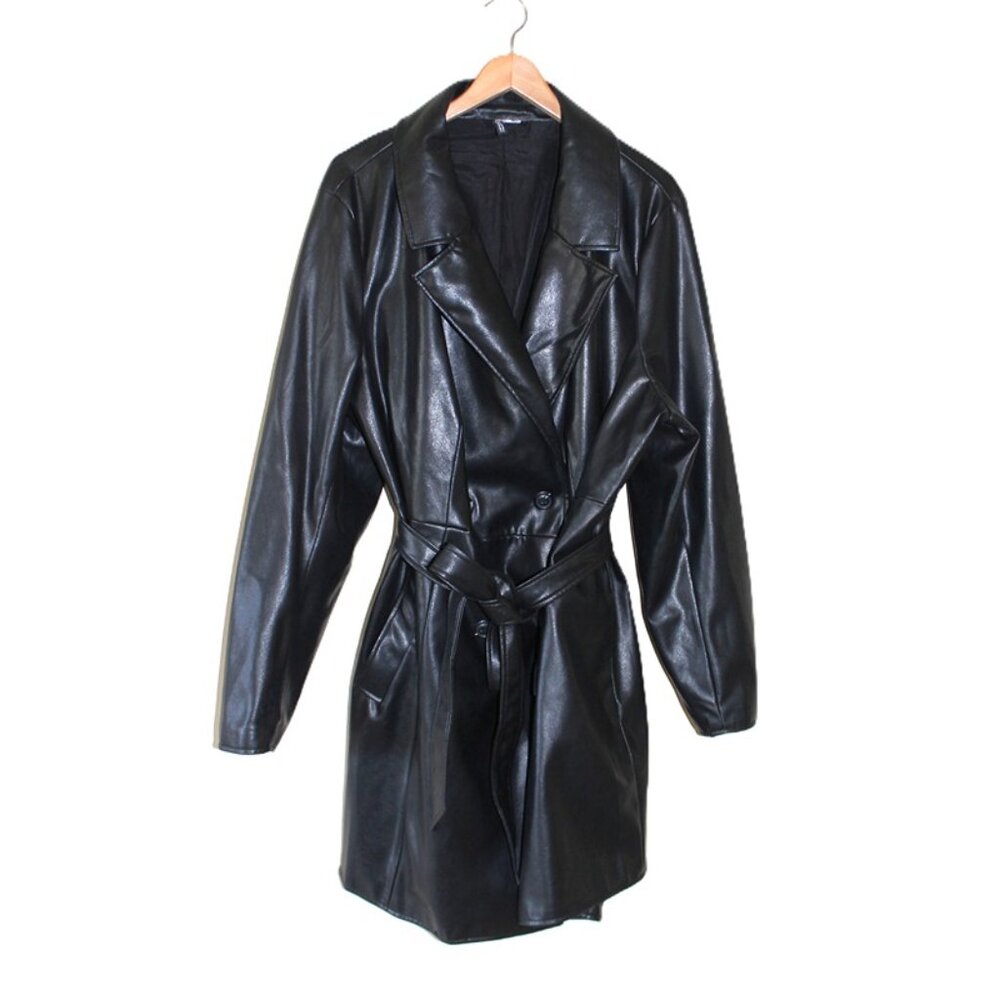H&M Divided Matrix-Stle Faux Leather Belted Trench Coat in Black (Plus Size)